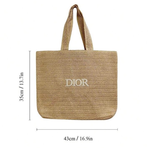 Christian Dior Beauty Straw Large Oatmeal Tote with White Logo on Front New - Picture 4 of 5